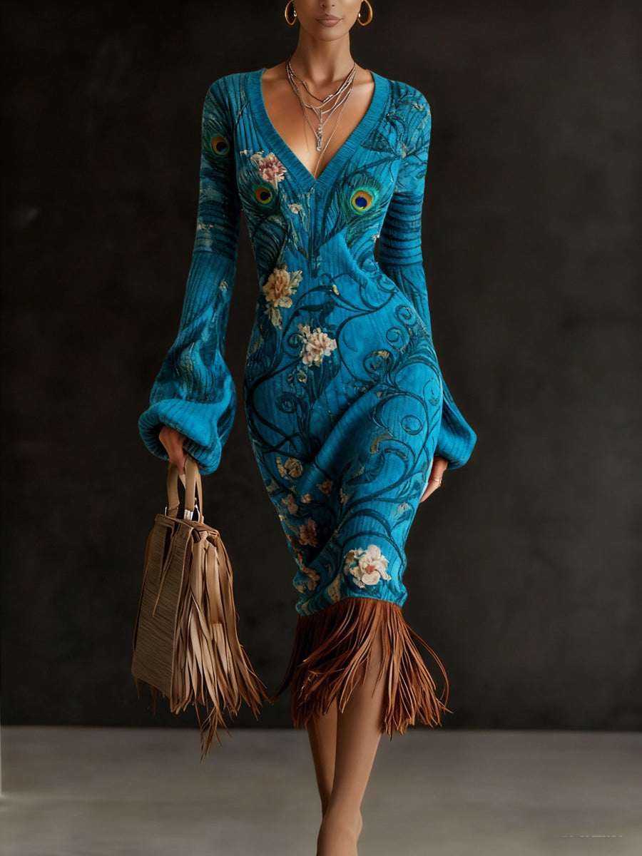 Retro Floral Art Print Vintage V-Neck Pit Striped Knitted Tassels Long-Sleeve Midi Dress